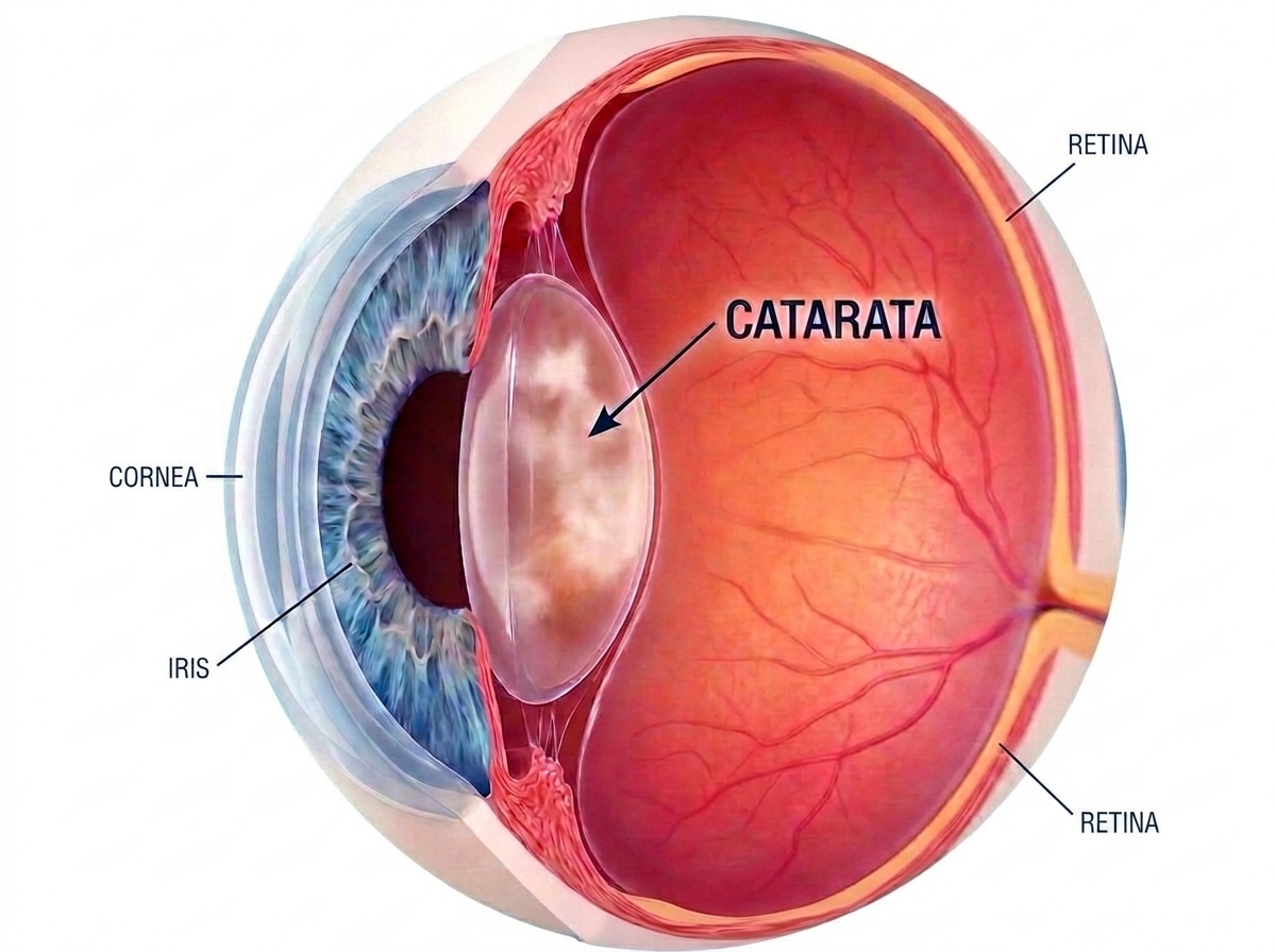 Olho com catarata, mostrando a opacidade do cristalino
